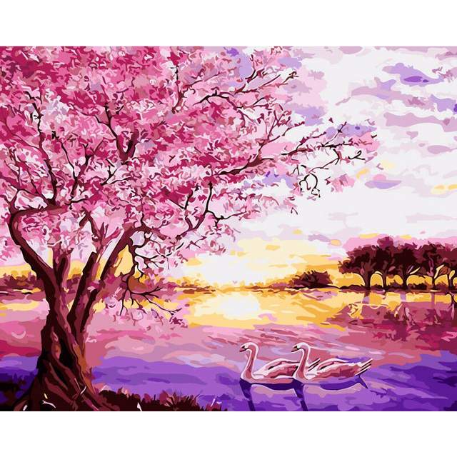 Cherry Blossom Tree by Lake - Paint by Numbers Lake Scene