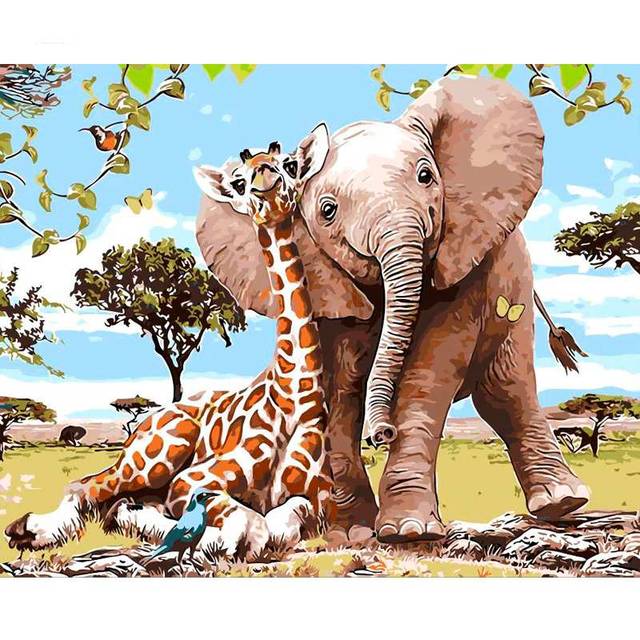 Faithful Friends Elephant Giraffe DIY Painting By Numbers Kits for Adults