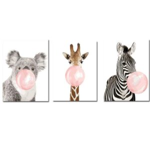 3 pcs Canvas Funny Animals with Pink Bubble Gum DIY Painting By Number Kits