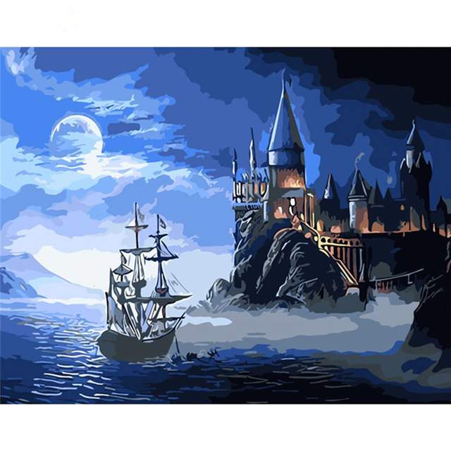 Fantasy Castle and Sailboat at Night - DIY Paint by Numbers Kit