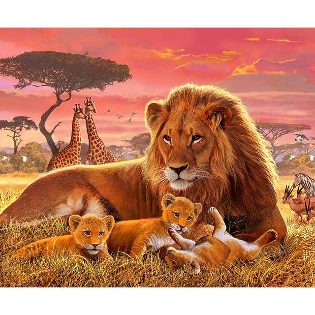 Kilimanjaro Male Lion with Cubs - Paint by Numbers Kit