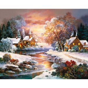Mountain Creek Village in Frosty Evening - Paint on Canvas for Adults