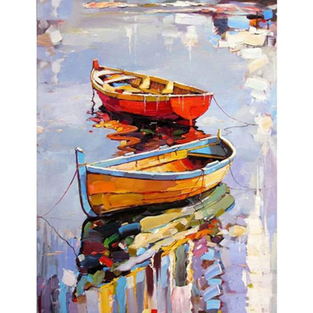 Reflection Boats in Water on Lake - Paint by Numbers for Adults
