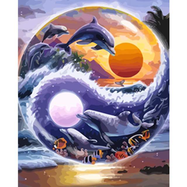 Sun and Moon Wave Dolphins in Yin Yang Symbol - Paint by Numbers