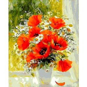 Red Poppies and Daisies in Vase - Window Flower Paint by Numbers