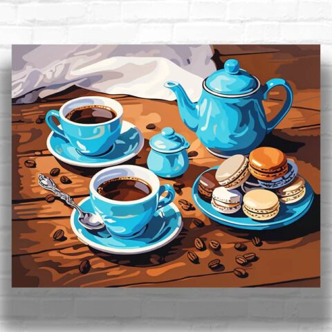 Blue Coffee Couple Paint by Numbers Kit – Still Life Artwork