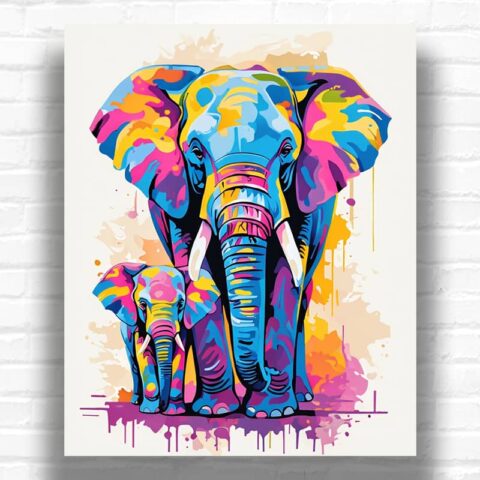 Colorful Elephants Mom and Baby - Paint by Numbers Elephant