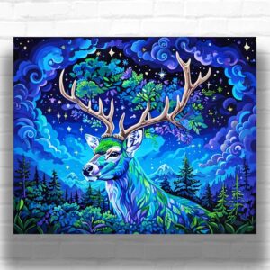 Fairy Deer on Blue Tree Paint by Numbers - Fantasy Surrealism Art