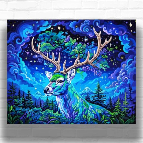Fairy Deer on Blue Tree Paint by Numbers - Fantasy Surrealism Art