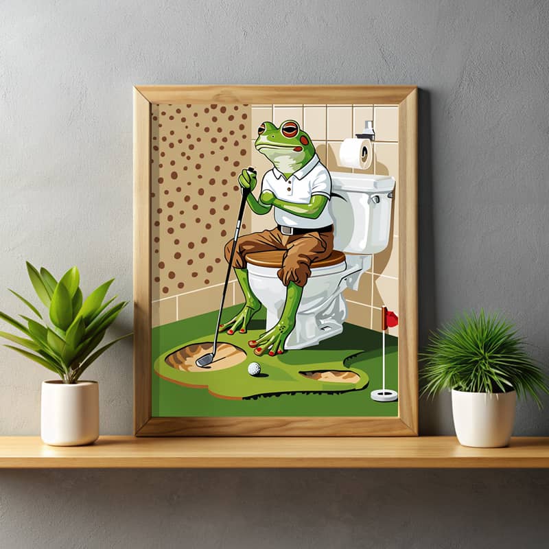 Frog Golf in Toilet Paint by Number - Funny Cartoon Wall Art
