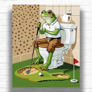 Frog Golf in Toilet Paint by Numbers - Funny Cartoon Wall Art