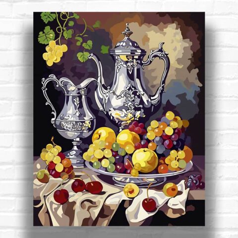Fruits and Wine in Antique Vases Paint by Numbers - A Vintage Still Life