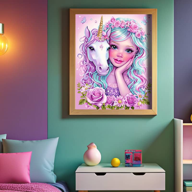 Little Princess and Baby Unicorn Paint by Number - Fantasy Cartoon Art