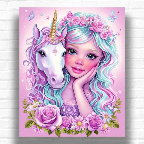 Little Princess and Baby Unicorn Paint by Numbers - Fantasy Cartoon Art