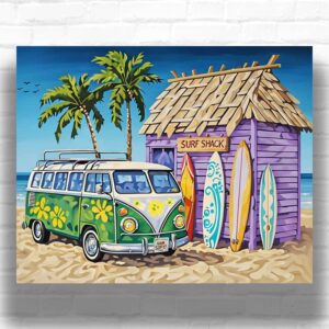 Surf Trip on Hippie Van - Beach Scene Paint by Number