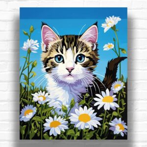 Sweet Kitty in Flowers Paint by Numbers – Cute Cat & Daisies Canvas
