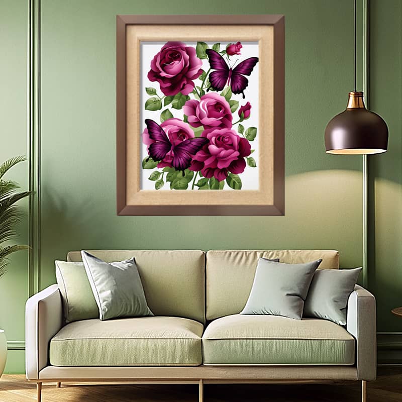 Wine Roses and Butterflies Paint by Number - Butterfly Flowers Art