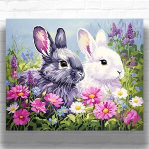 Cute Rabbits in Flower Meadow - Rabbit Paint by Number
