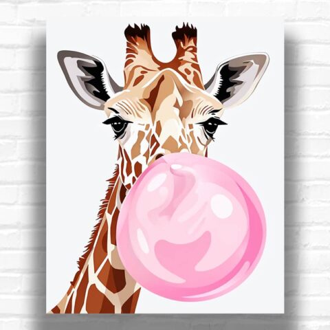 Funny Animals Giraffe with Pink Gum - Easy Paint by Numbers