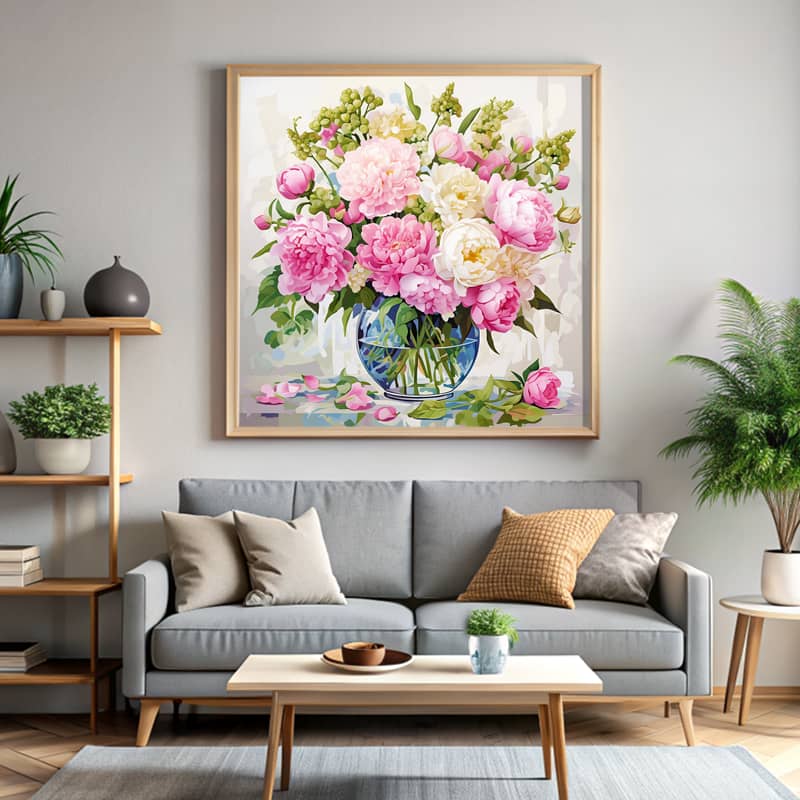 Gentle Floral Still Life Paint By Number – Square Canvas Peony Wall Art