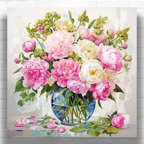 Gentle Floral Still Life Paint By Numbers – Square Canvas Peony Wall Art