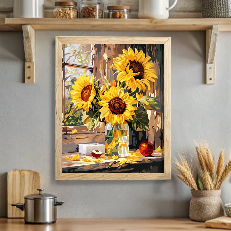 Sunflowers in Vase on Window Paint by Number - Rustic Floral Still Life Art