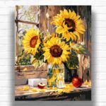 Sunflowers in Vase on Window Paint by Numbers - Rustic Floral Still Life Art
