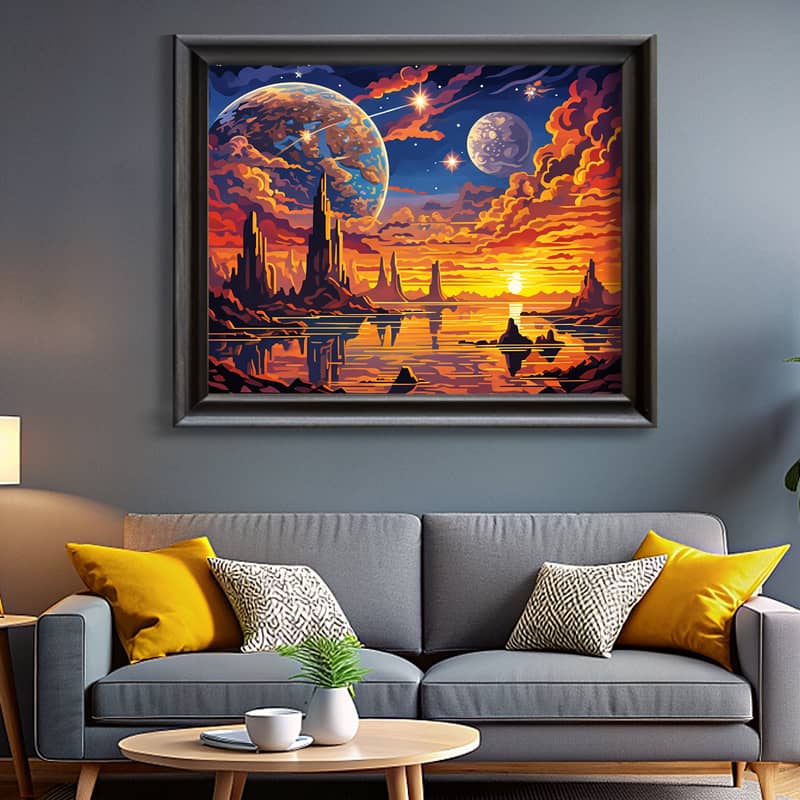 Three Planets on the Galactic Coast Paint by Number – Sci Fi Landscape Art