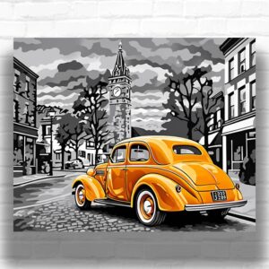 Yellow Vintage Car on European Street - Paint by Numbers Classic Cars