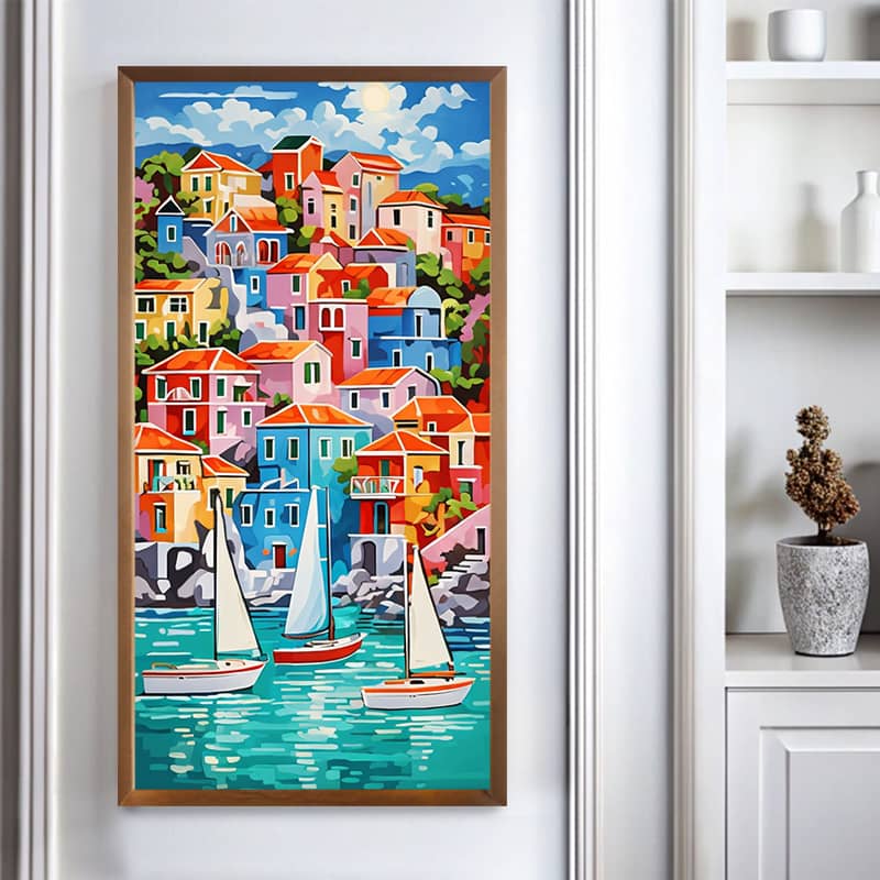 Abstract Village Paint by Number Kit – Extra Large Vertical Canvas Art