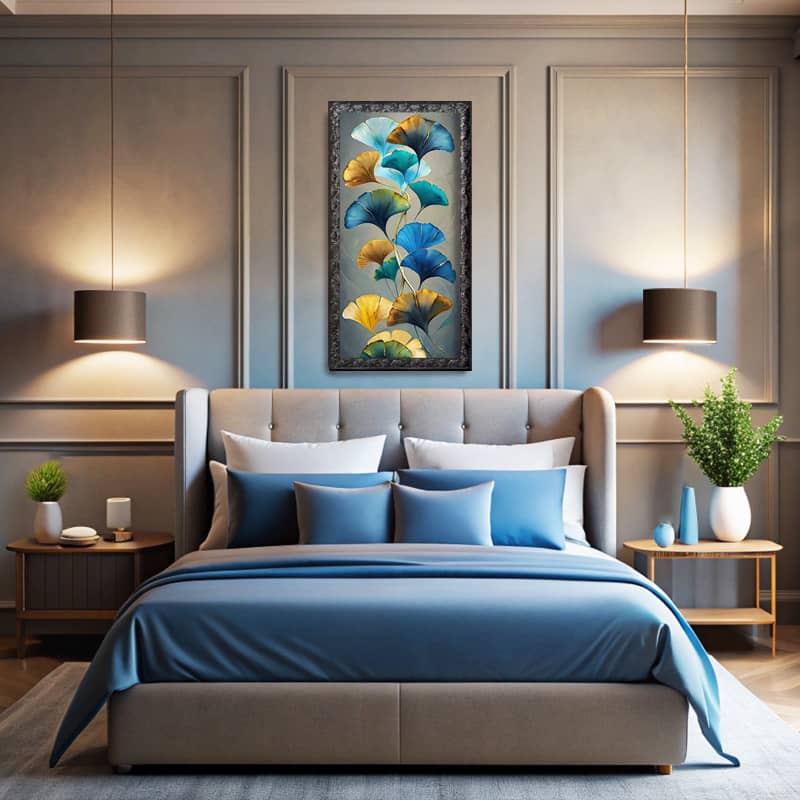 Blue and Brown Ginkgo Leaves Paint by Numbers Kit - Large Botanical Wall Art