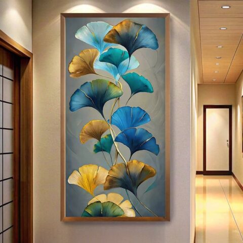 Blue and Brown Ginkgo Leaves Paint by Numbers - Large Botanical Wall Art