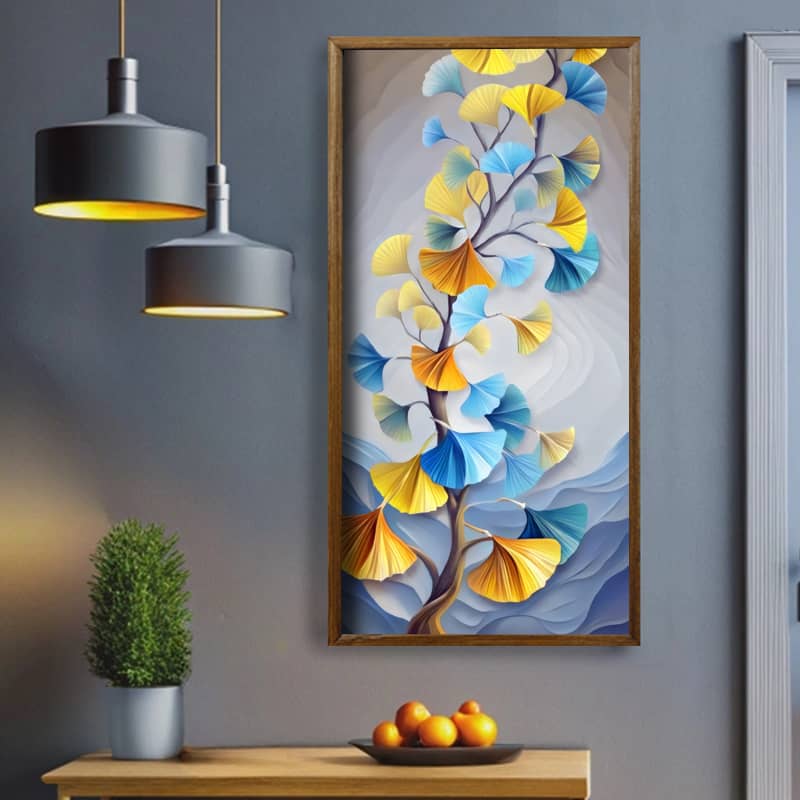 Brown Blue Ginkgo Leaves Paint by Number - XL Canvas Art