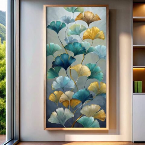 Golden and Blue Ginkgo Leaf Paint by Numbers - Large Botanical Wall Art