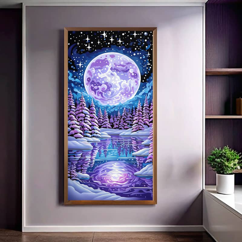 Pink Moon in the Sky Paint by Number Kit – Huge Canvas Winter Landscape Art