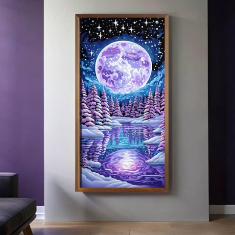 Pink Moon in the Sky Paint by Numbers – Huge Canvas Winter Landscape Art