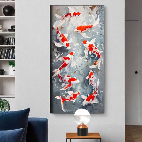 Red White Koi Fish Paint by Numbers – Large Size Canvas Japanese Art