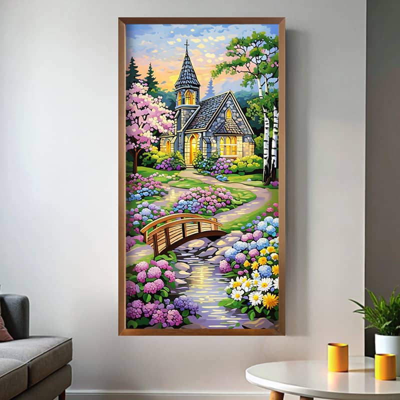 Rustic Church Paint by Numbers Kit – Big Size Canvas Wall Art