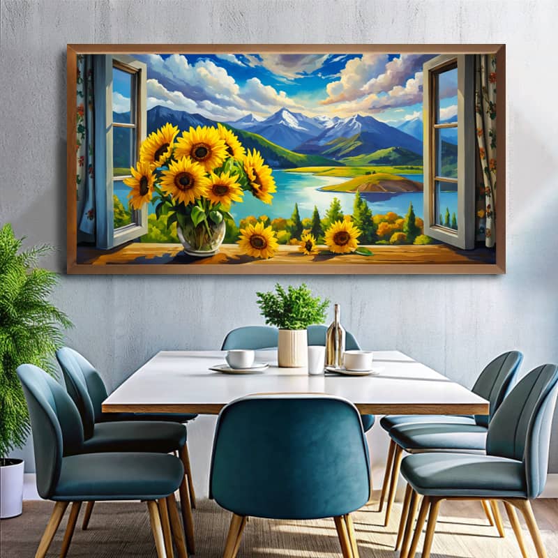 Sunflower Window Paint by Number Kit - Large Size Horizontal Canvas