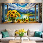 Sunflower Window Paint by Numbers - Large Size Horizontal Canvas