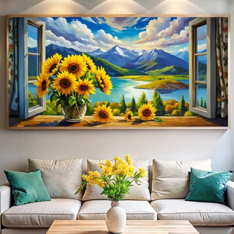 Sunflower Window Paint by Numbers - Large Size Horizontal Canvas