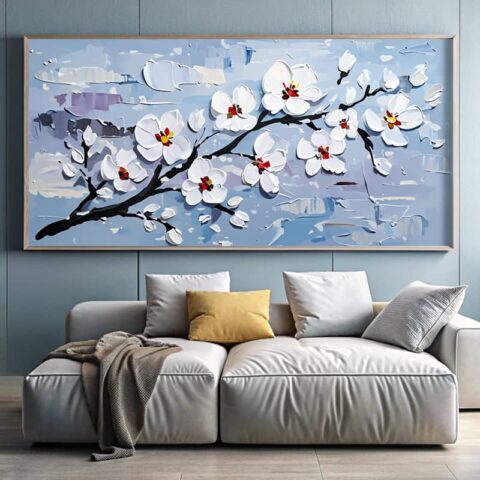 White Blooming Branches Paint by Numbers – Large Horizontal Canvas Art