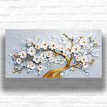 White Flowers on Golden Tree Paint by Number - Oversized Canvas Art