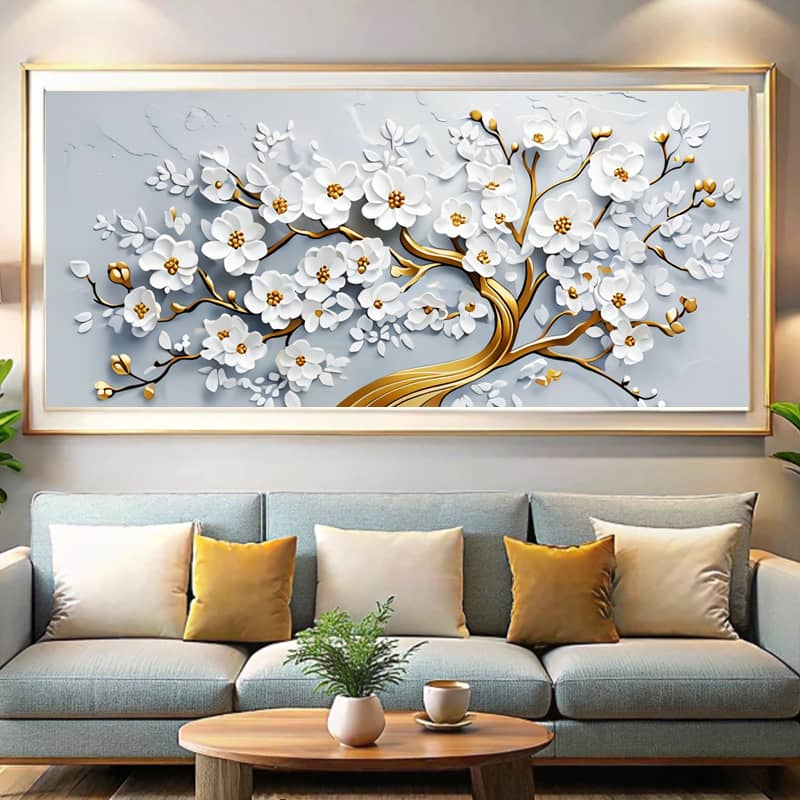 White Flowers on Golden Tree Paint by Numbers Kit - Oversized Canvas Art