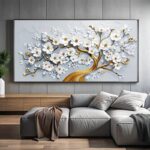 White Flowers on Golden Tree Paint by Numbers - Oversized Canvas Art