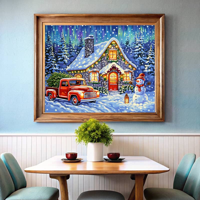 Christmas Cabin Snowman and Truck - Paint by Number
