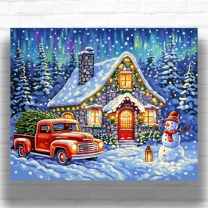 Christmas Cabin Snowman and Truck - Xmas Paint by Number