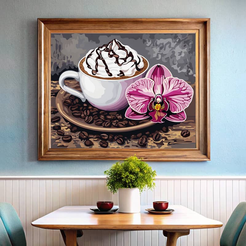 Coffee and Orchid Paint by Number – Still Life Floral Coffee Art