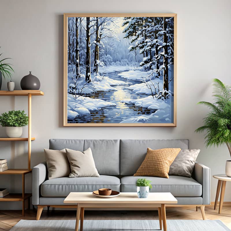 Snowy Forest with River Paint by Number – Square Canvas Winter Landscape Art