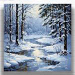 Snowy Forest with River Paint by Numbers – Square Canvas Winter Landscape Art